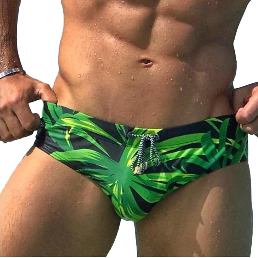 Men's Green Leaf Print Swim Briefs